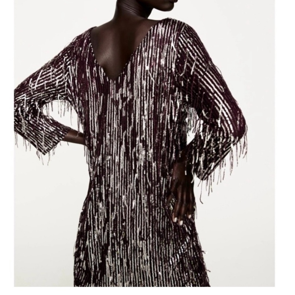 Zara Sequined Fringe Burgundy Mini Dress Size Large - Picture 5 of 6
